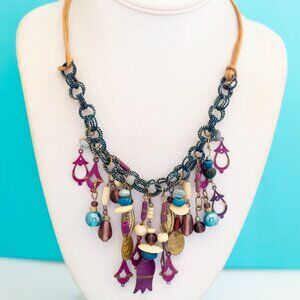 18 inch, Vintage Purple Beads Intricate Bib Necklace - E42